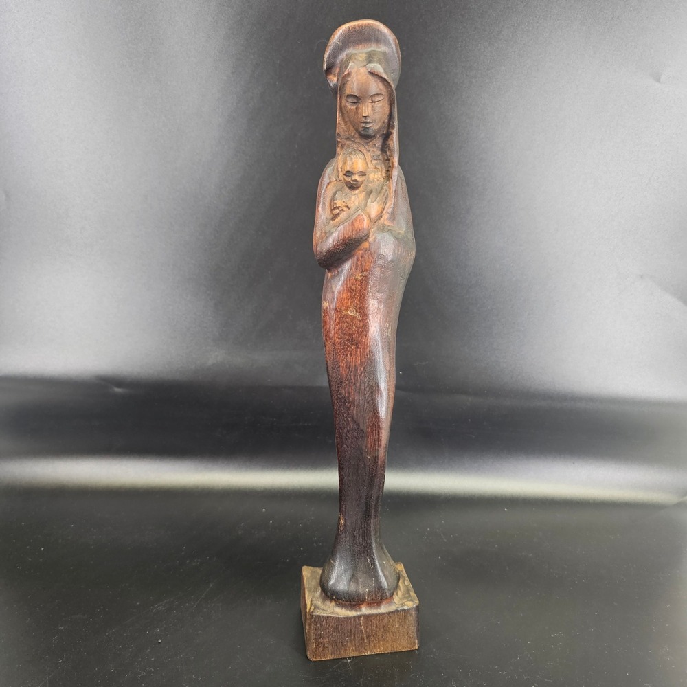 Statue 13in  Art Deco 1920s Wood Carved‎ Madonna Child Virgin Mary